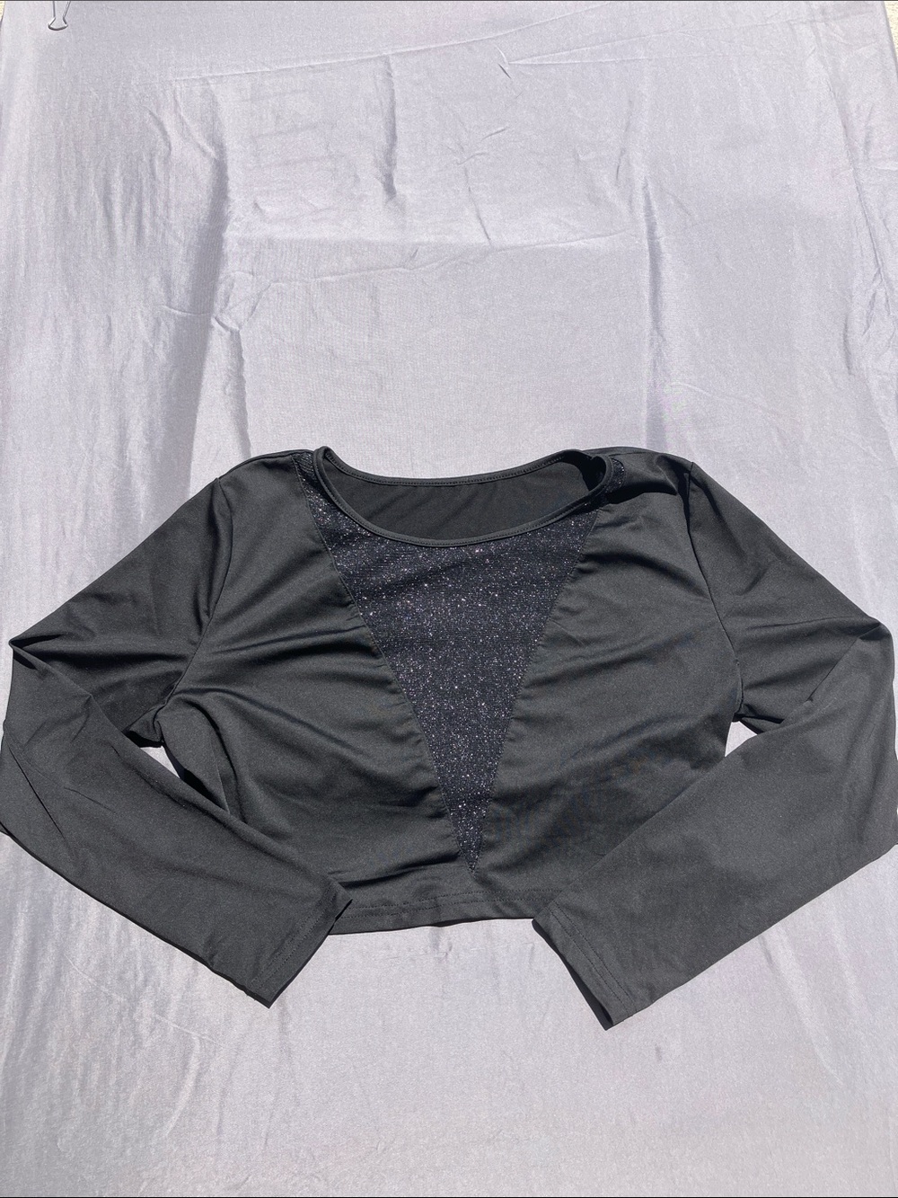 SHEIN Black Long Sleeve Crop Top with Mesh Sparkle Triangle